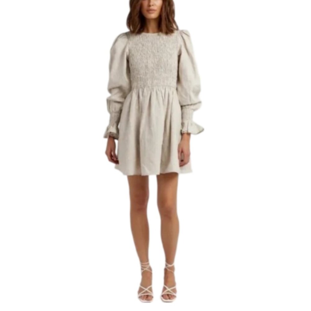Dissh Linen Dress Kennedy Beige Natural Mini Shirred Bodice Long Sleeve